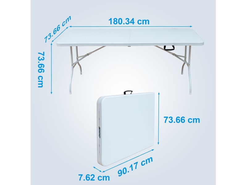  Table pliante 180,34×73,66x73,66 cm dépliée - pliage sans outils, capacité 136 kg, acier et plateau plastique, blanc  - Conforama C