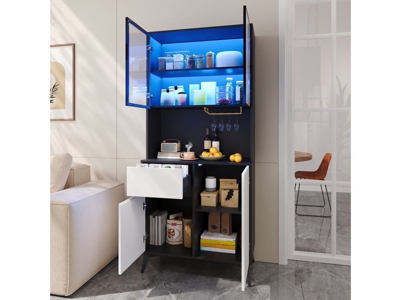  Armoire de cuisine vitrine buffet vaisselier meuble de rangement salle à manger noir et blanc mdf avec éclairage led app  - Conforama D