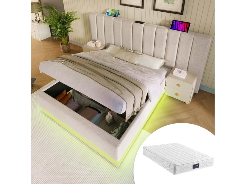  Lit coffre 160x200 cm avec led et charge usb-c, beige, sans matelas  - Conforama C
