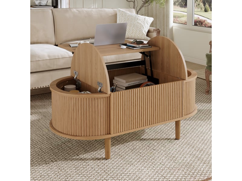  Table basse ovale relevable 100x48x53,5 cm avec rangement, coloris chêne  - Conforama D