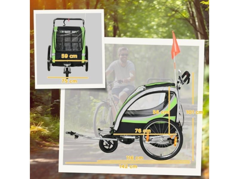 Remorque vélo enfant 2 en 1 pour 2 enfants, fonction poussette, frein, protection pluie, verte - Conforama C