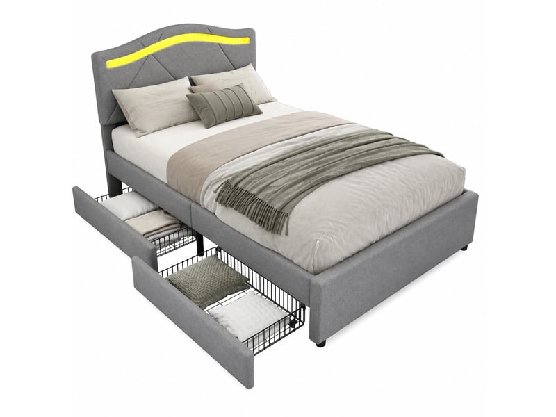 Lit avec rangement 90x200 cm gris en lin avec led, 2 tiroirs et tête de lit réglable - Conforama A
