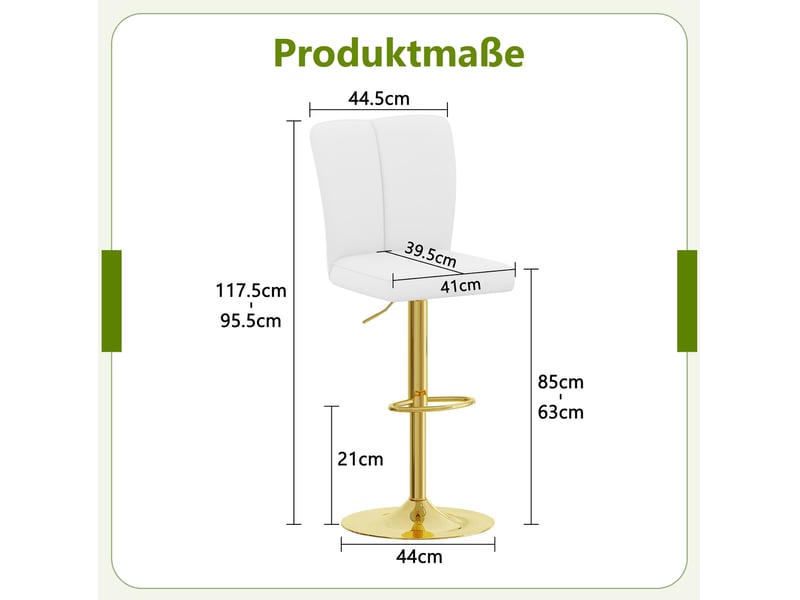  Tabourets de bar 95,5-117,5 cm lot de 2, réglables, pivotants 360°, métal et pu, pour salon, cuisine, bar, blanc et or  - Conforama C