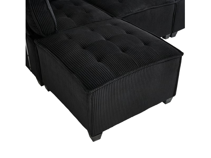  Canapé modulable convertible 6 places en velours côtelé noir, configuration u ou l et poches latérales pratiques  - Conforama D