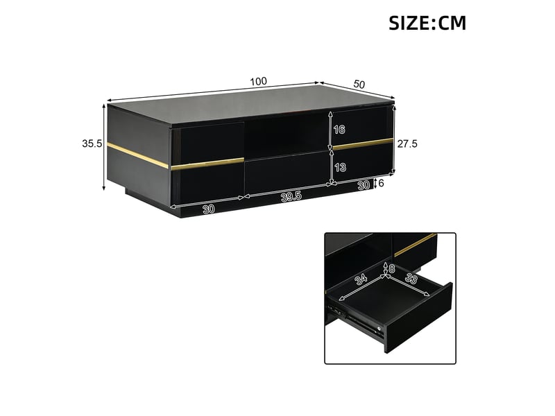  Table basse 100x50x35,5 cm noire et dorée, led, 2 portes, 1 tiroir et niche ouverte Fay Lum - Conforama C