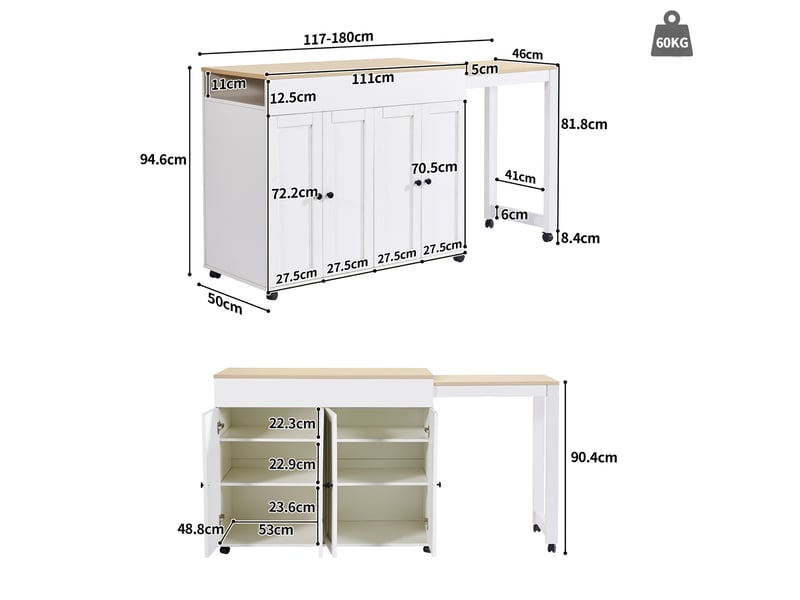 Table de bar extensible avec rangement - lpospi - 6 niches réglables, plateau coulissant, mdf blanc - Conforama D