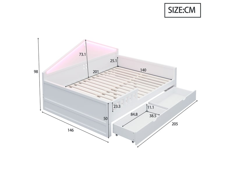 Lit enfant 140x200 cm blanc avec bandeau led contrôlable, 2 tiroirs et sommier à lattes inclus - Conforama C