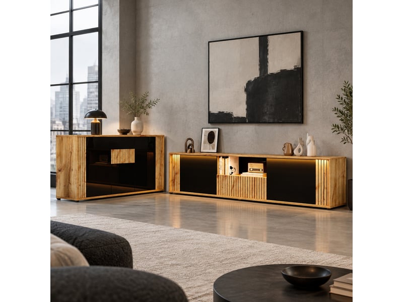  Lot de 2 meubles de salon : meuble tv 180 x 40 x 51 cm et buffet 140 x 35 x 71 cm noir + bois naturel  - Conforama C