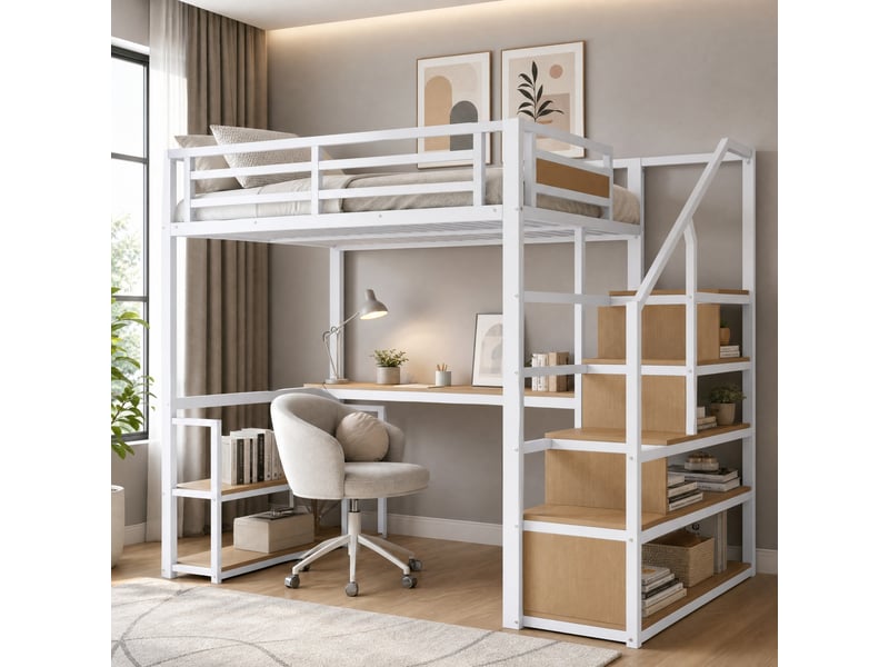  Lit mezzanine métal 140x200 cm avec bureau, étagères et échelle de rangement blanc  - Conforama B