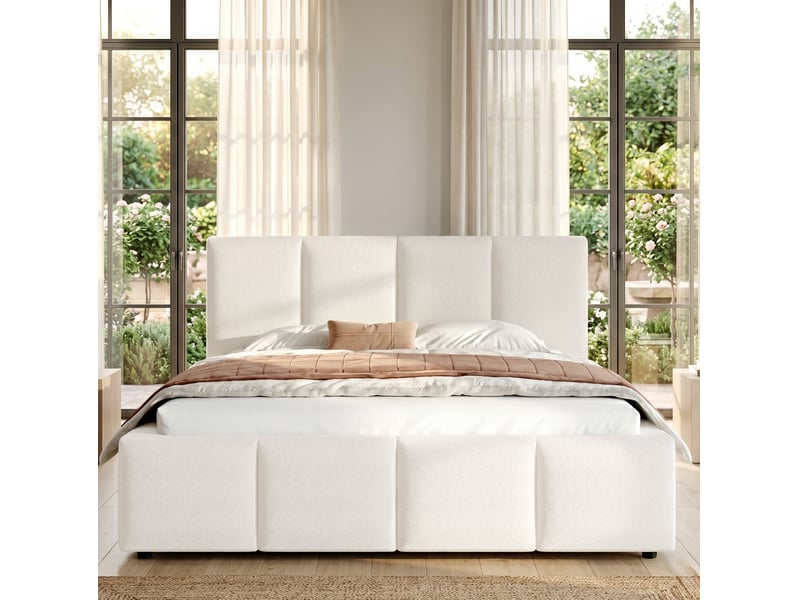  Lit double 180 x 200 cm avec sommier à lattes et tête de lit bouclée beige  - Conforama D