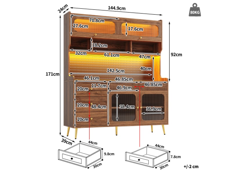  Buffet moderne led et appli, colonne étroite cuisine-salon, rangement perforé, tiroir et verre, noyer 145×39×171 cm  - Conforama C