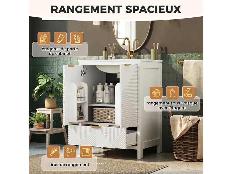  Meuble salle de bain sur pied 61 cm blanc avec vasque en céramique et tiroir, façade ondulée  - Conforama D