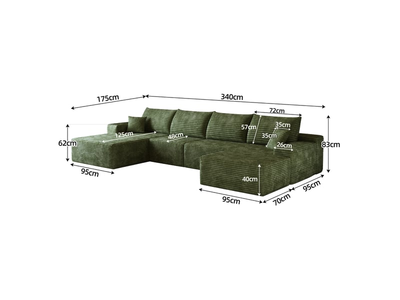  Canapé d'angle 340 cm sans ossature, modular, avec chaise longue l, vert, sans montage, compression sofa  - Conforama C