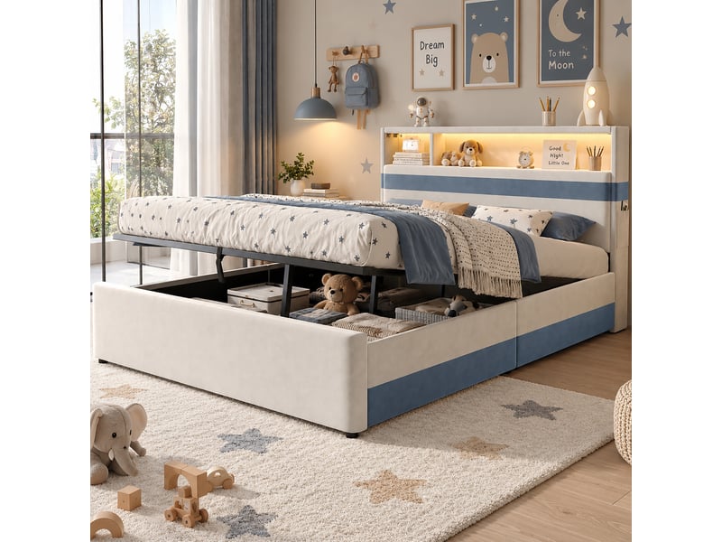 Lit coffre rembourré 140x200 cm en velours, rangement hydraulique, éclairage led, ports usb, poches latérales, blanc et bleu - Conforama C