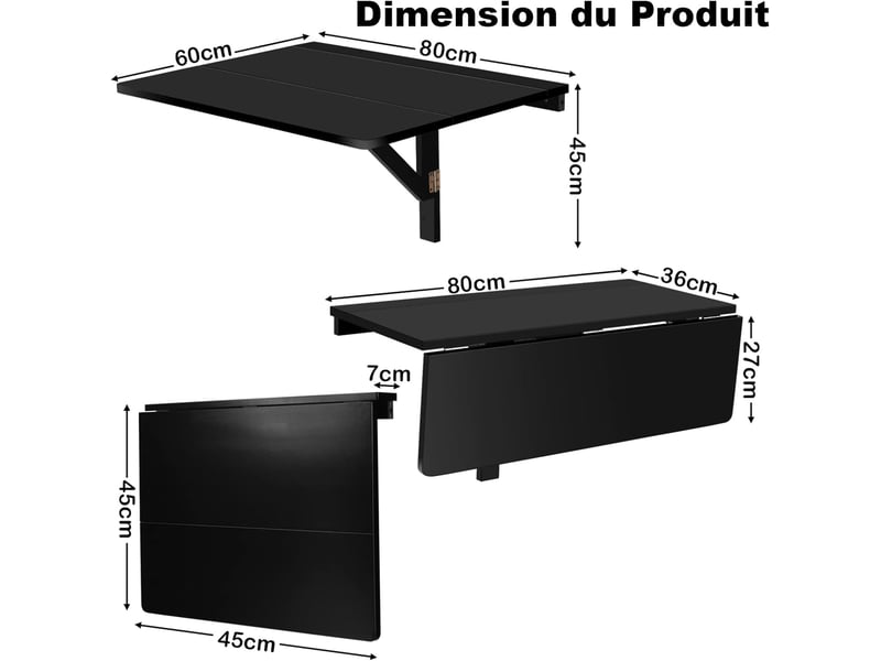 Costway table pliante cuisine table rabattable murale-double plateaux pliable 80×60cm(l x l) pour entrée bureau cuisine-noir  - Conforama F