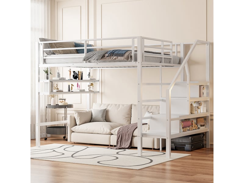  Lit mezzanine enfant 140x200 cm, échelle de rangement, étagère, sommier, métal blanc, sans matelas  - Conforama W