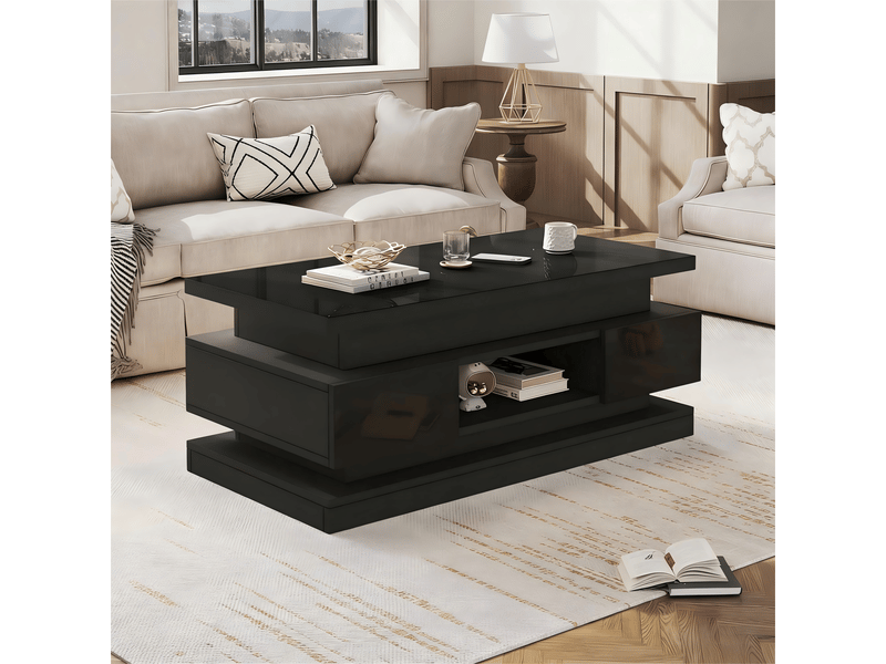 Table basse relevable, avec 2 tiroirs, rangement caché, niche et led avec usb, pour salon, noir, 100 × 50 × 40 cm  - Conforama C