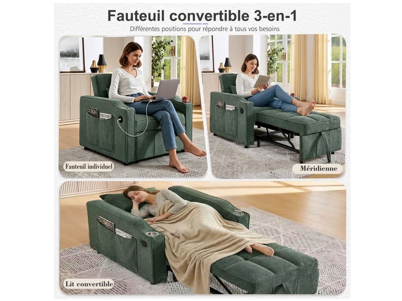  Fauteuil convertible 1 place - 190x85x86 cm - fauteuil 3-en-1 avec ports usb type-c et porte-gobelet - vert  - Conforama C