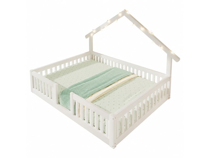  Lit surélevé enfant 140x200 cm avec sommier à lattes, garde-corps de sécurité, guirlande led, bois blanc, sans matelas  - Conforama A