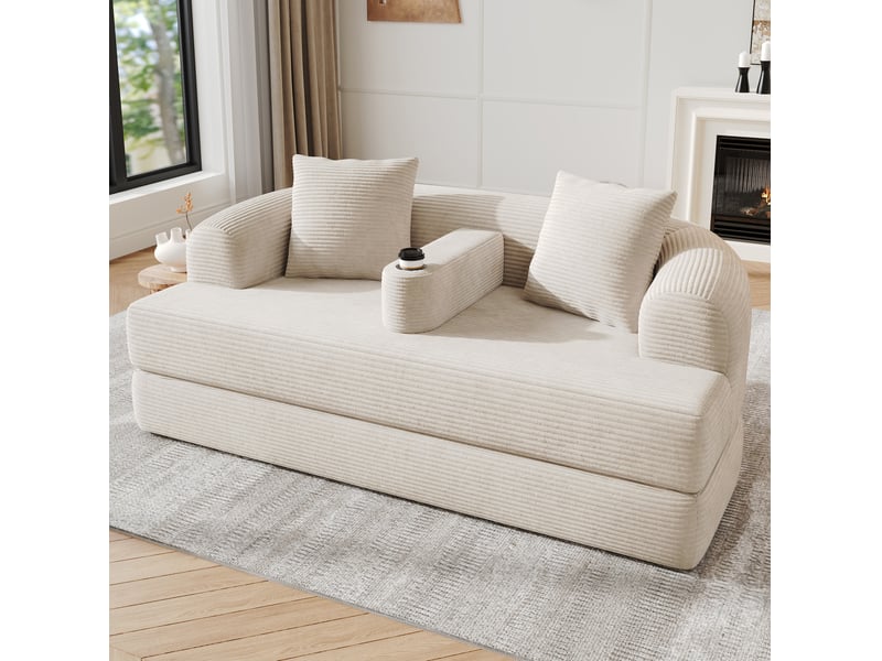  Canapé convertible 2 places en velours côtelé beige clair, avec accoudoir central amovible, 2 coussins et sans montage  - Conforama E