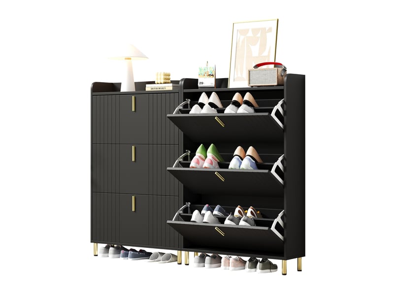  Lot de 2 meubles à chaussures ulevr à 3 abattants, 6 compartiments, étagères réglables, mdf noir mat, 80 x 23,5 x 123,5 cm chacun  - Conforama D