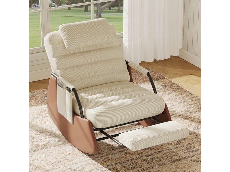  Fauteuil à bascule inclinable avec repose-pieds intégré - dossier 3 positions, velours côtelé, poche latérale - beige  - Conforama B