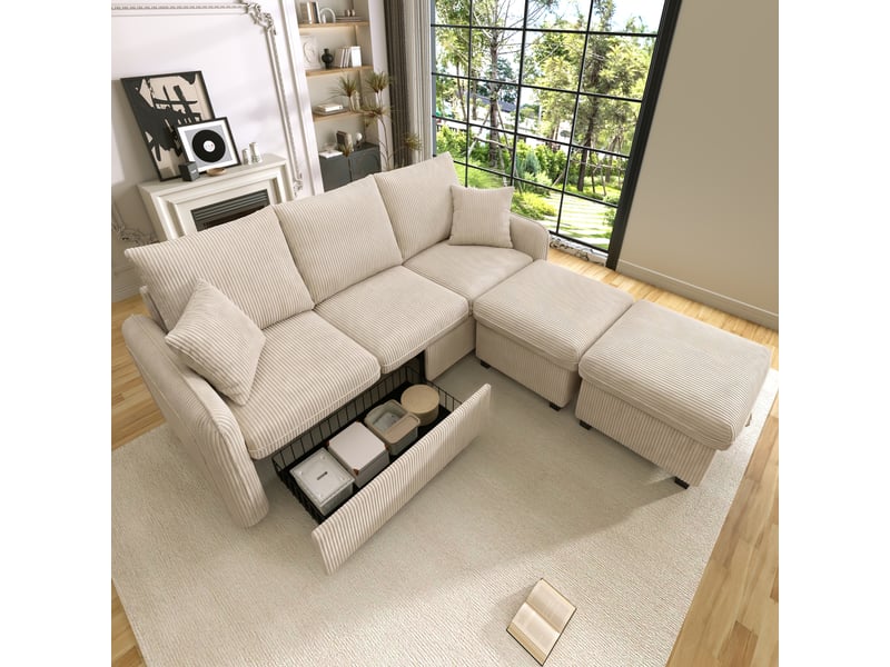 Canapé d'angle convertible 3 places, canapé en velours côtelé avec 2 poufs et espace de rangement, design modulable pour salon  - Conforama W