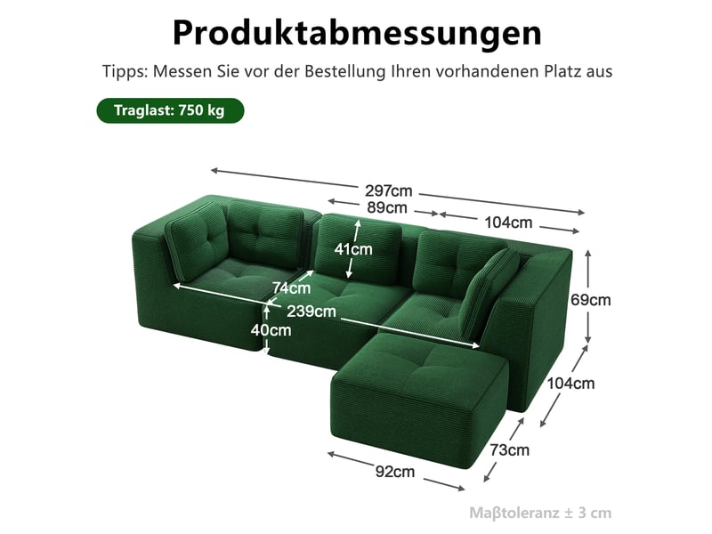 Canapé d'angle modulable 3 places avec ottomane en velours côtelé vert - Conforama E