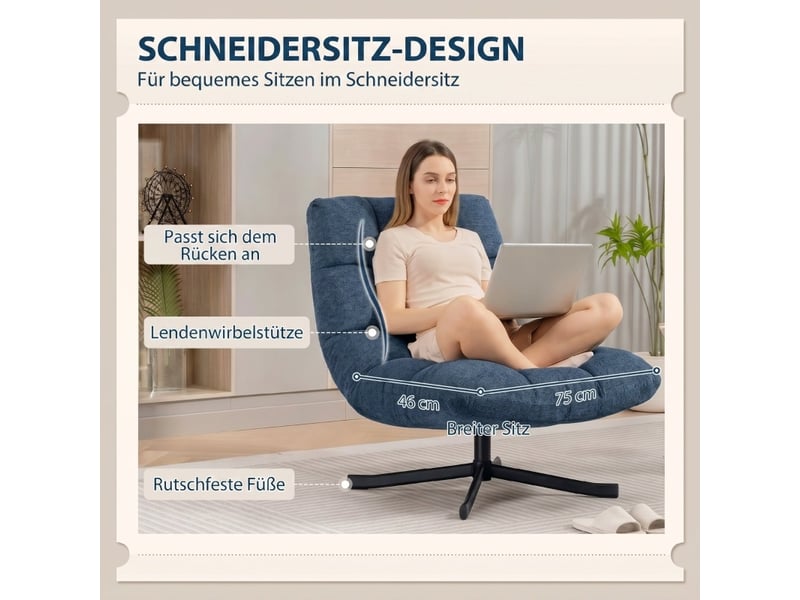  Fauteuil d'accent pivotant 75x95x90cm – fauteuil lounge individuel avec assise 360° et pieds croisés en métal –  chenille - bleu foncé  - Conforama D