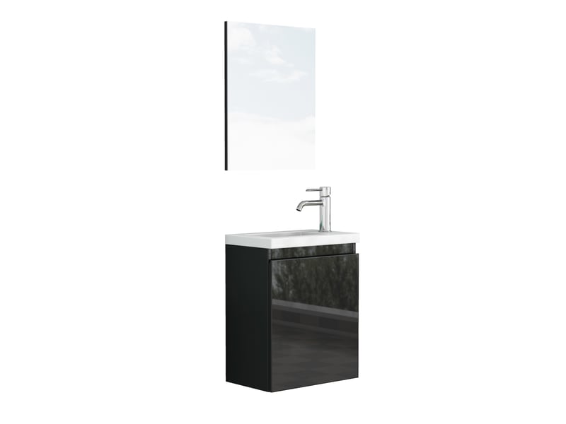 Meuble vasque mural noir brillant avec lavabo céramique et miroir 40 cm - Conforama D