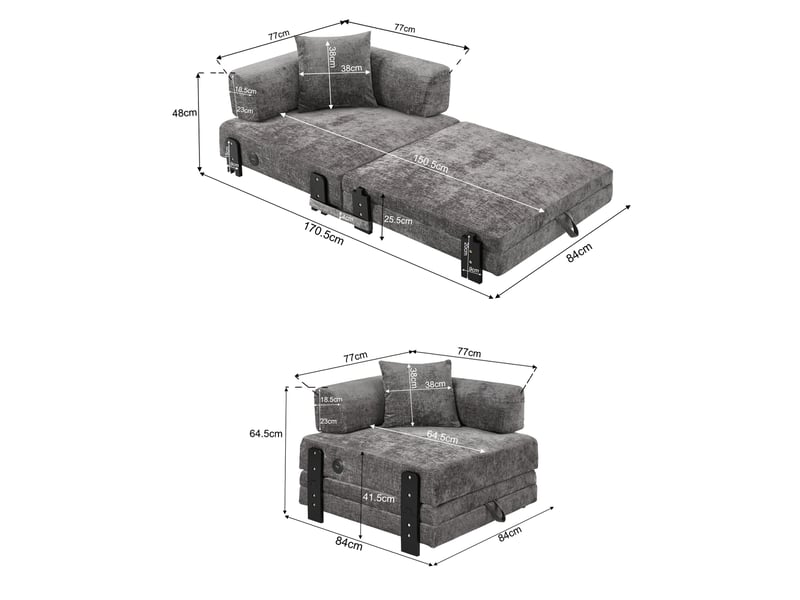  Canapé-lit pliable modenvie 1 place 2 en 1 avec fonction couchage, ports usb et type-c, rangements, tissu gris foncé  - Conforama C