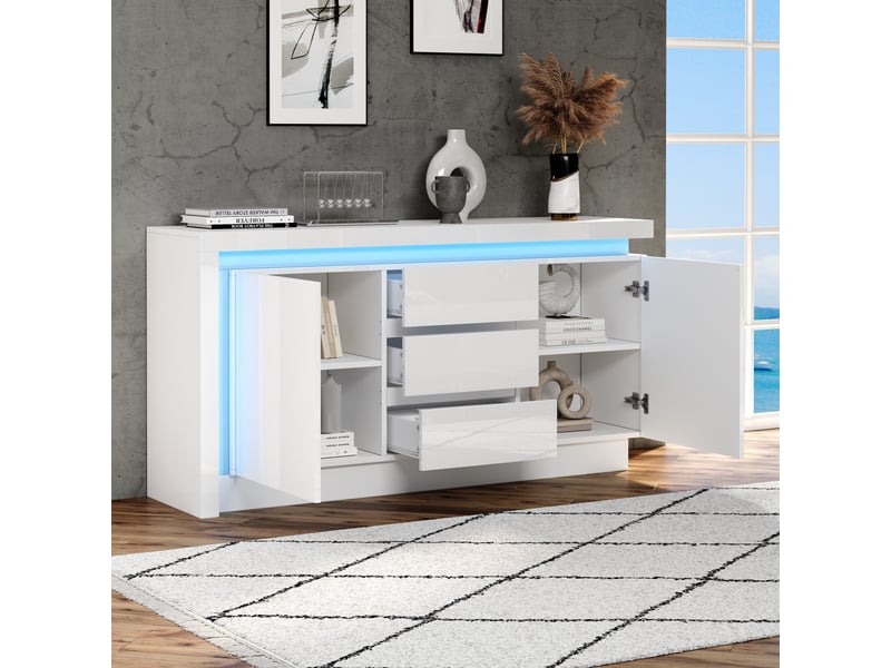  Buffet blanc mat à quatre portes avec poignées et pieds en métal doré, 160 x 35 x 100 cm  - Conforama D