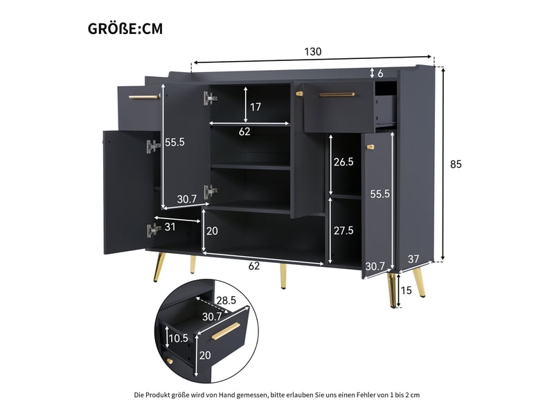 Meuble à chaussures avec 4 portes, 2 tiroirs et 1 niche ouverte, pieds hauts, pour entrée, noir, 130 × 37 × 100 cm - Conforama E