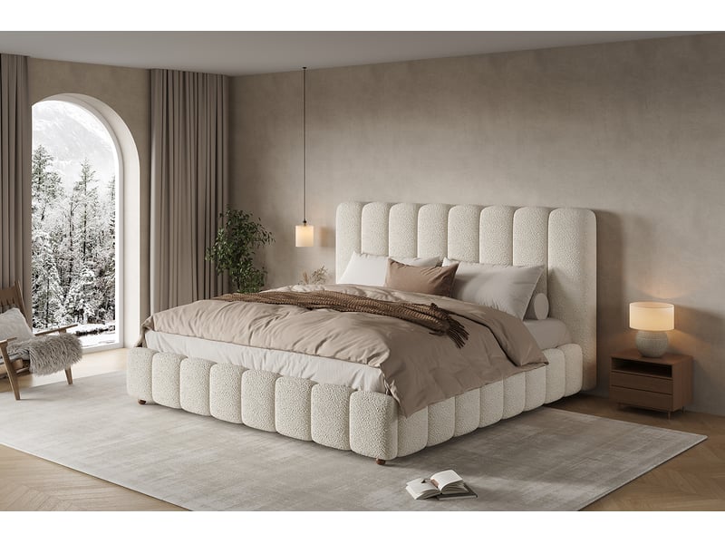 Lit double 180x200 cm blanc en tissu bouclé, sommier à lattes et tête de lit rembourrée, pieds en bois - Conforama B