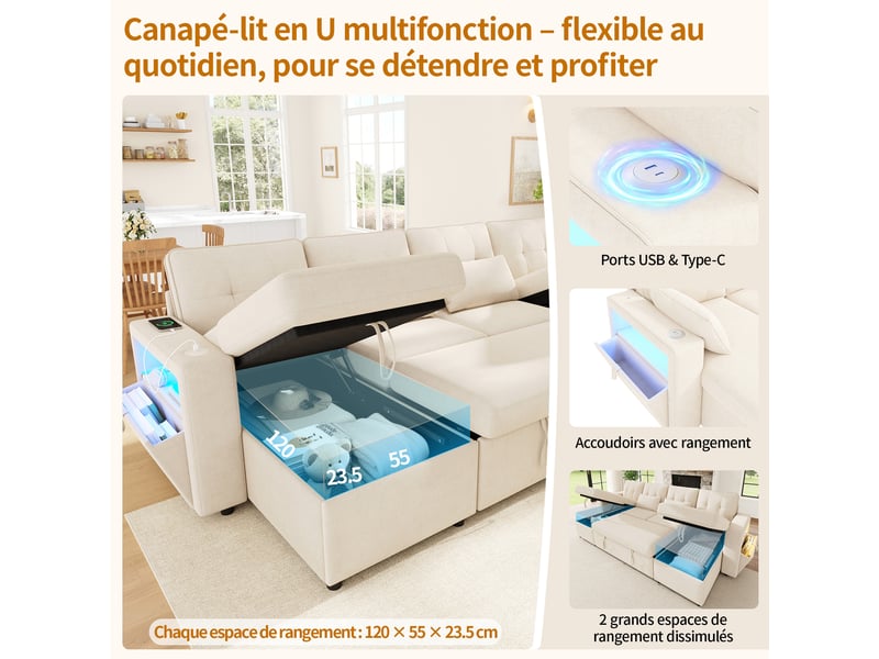 Canapé d’angle convertible 4 places 273 x 131 x 83 cm, en u, double méridienne, rangement caché, usb-c, led, 2 coussins, chenille, beige OMNIGLINT TRADING LTD - Conforama E