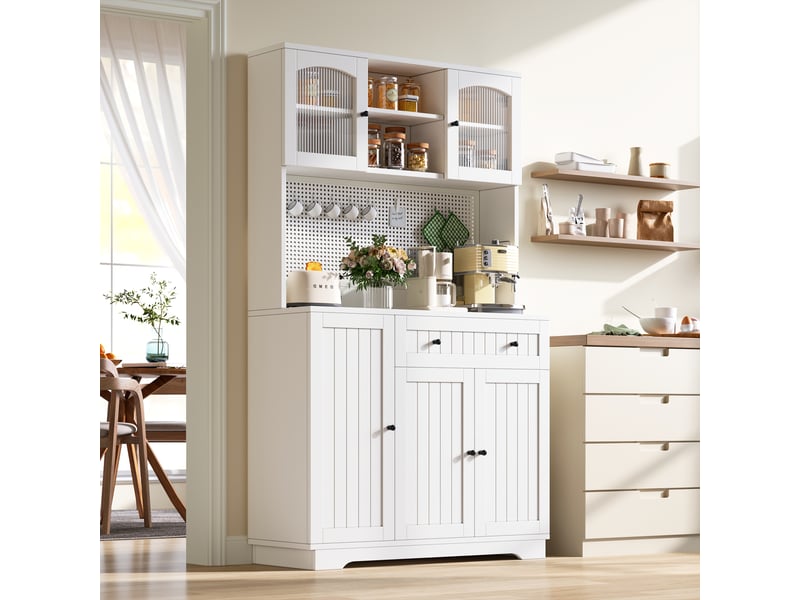 Buffet de cuisine haut avec portes vitrées, tiroir, étagères réglables et panneau perforé, blanc, 103,5×40×180 cm - Conforama C