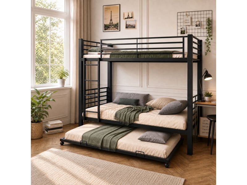  Lit superposé 90x200 cm - 3 couchages - lit gigogne 90x190 cm - échelle - barrières - métal - noir CozyNest - Conforama D