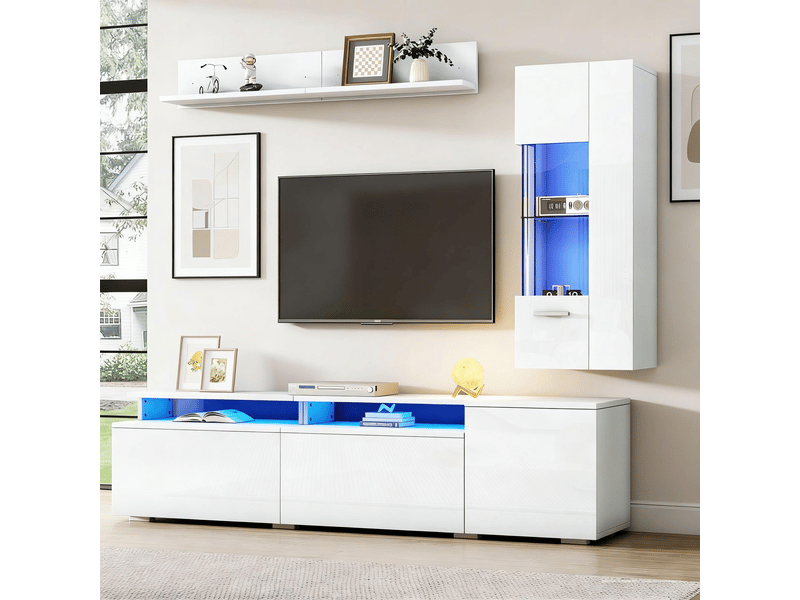  Ensemble meuble tv mural blanc laqué 3 pièces avec led pour écran 80 pouces  - Conforama E