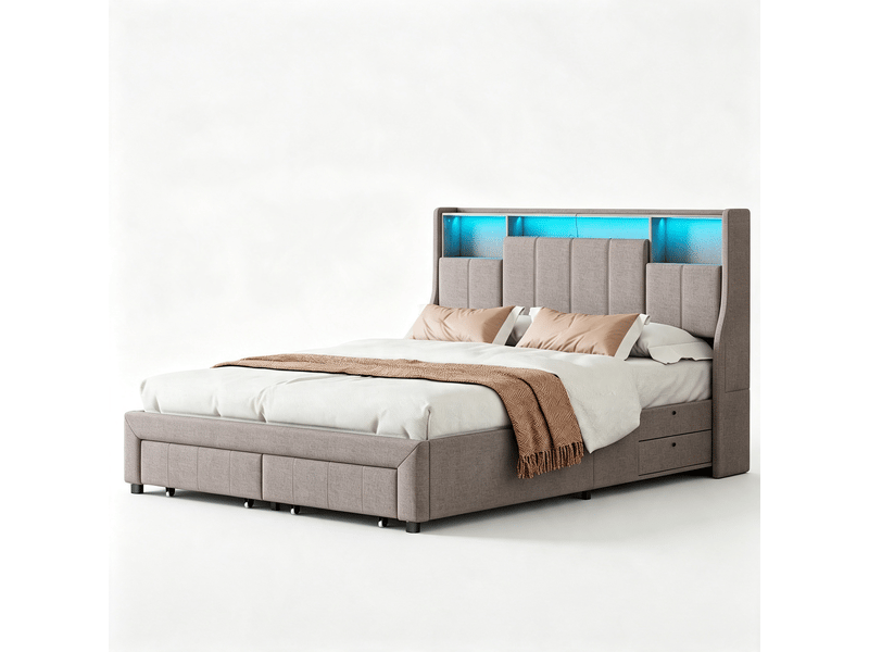 Cadre de lit 160x200 cm gris avec led, port usb, 2 tiroirs et rangements tête – style scandinave - Conforama A