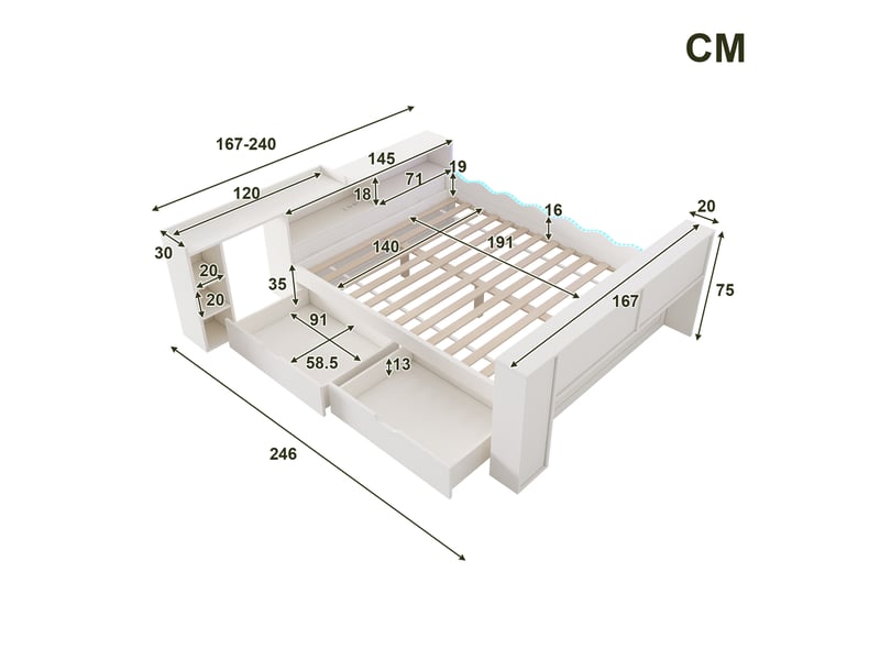  Lit coffre 140x190 cm avec 2 tiroirs, éclairage led et prises usb, panneau de particules, mdf et bois, blanc, sans matelas  - Conforama C