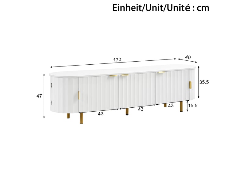  Meuble tv bas 5 portes en mdf, façade rainurée effet cannelé, côtés arrondis, grand rangement salon, pieds et poignées métal - blanc  - Conforama D