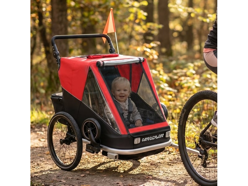 Remorque vélo enfant 2 places 2-en-1 148 x 83 x 102 cm rouge en aluminium, poussette pliable - Conforama C