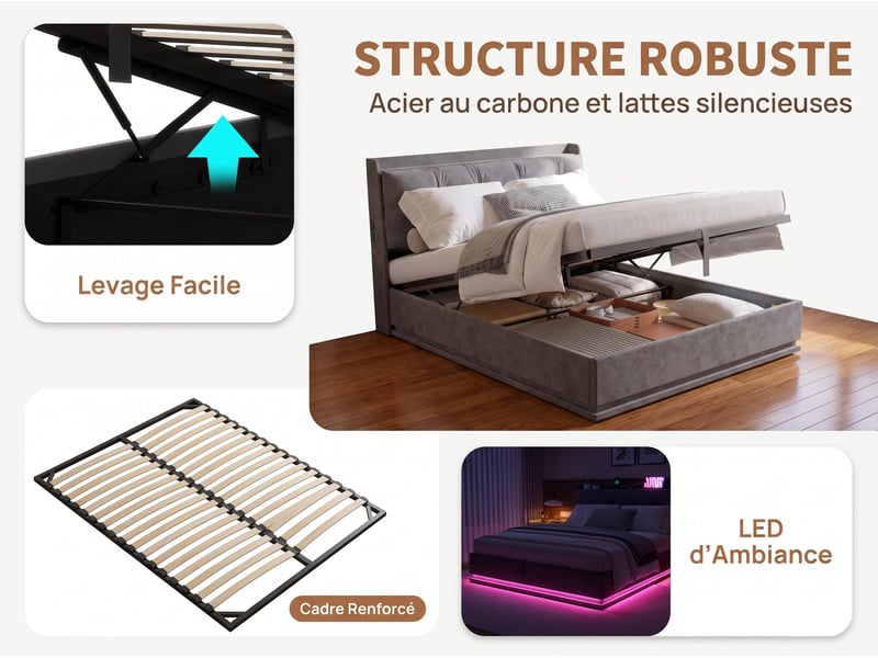  Lit double 140×200 – lit coffre –  éclairage led rgb – port usbtype‑c et électriques  –  sommier à lattes – velours gris  - Conforama E