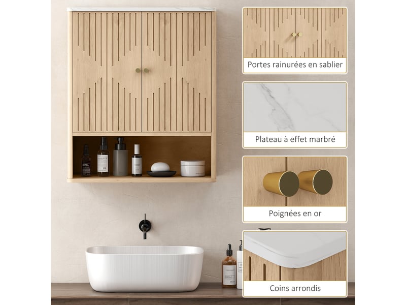 Armoire murale de salle de bain, 60 x 18 x 70 cm chêne, meuble de rangement avec compartiment ouvert et étagère réglable - Conforama R