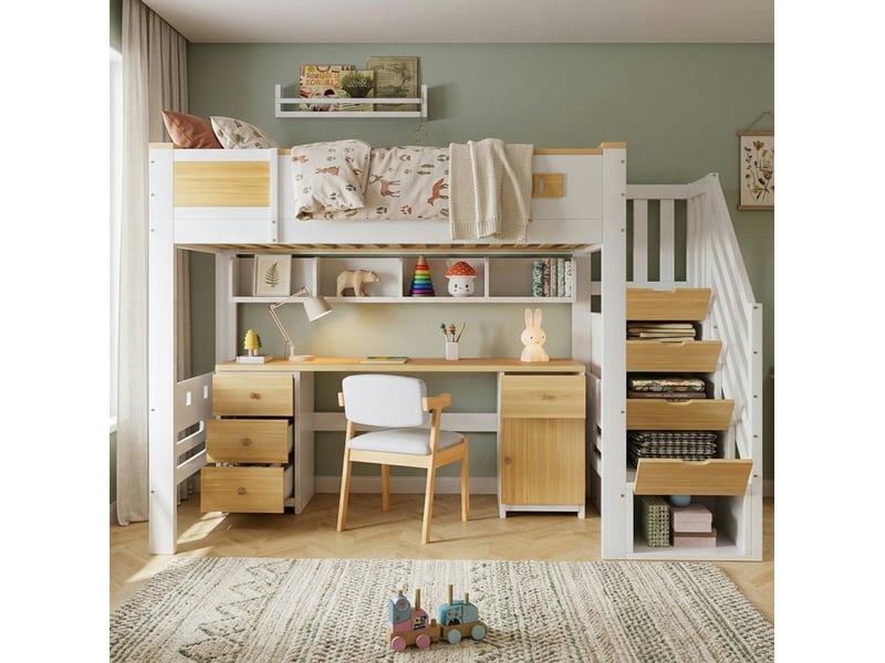  Lit mezzanine 90x200 cm, bureau, tiroirs, escalier de rangement, bois et mdf, blanc et naturel, sans matelas  - Conforama B