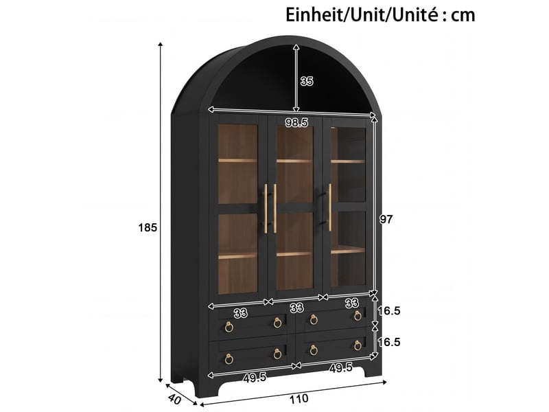  Buffet avec sommet arqué, 3 portes vitrées et 4 tiroirs, étagères réglables, poignées métalliques, 110x40x185cm  - Conforama C