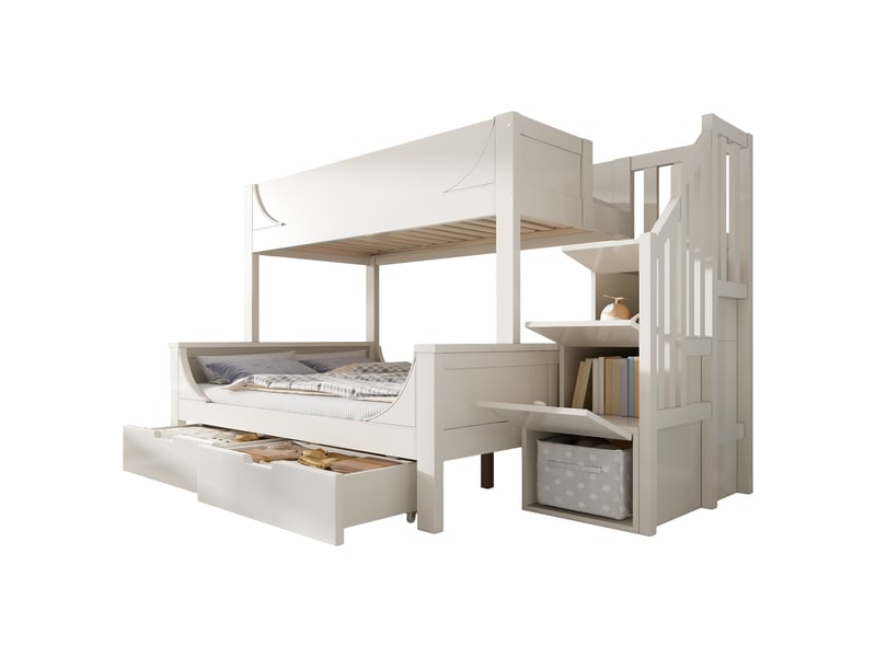  Lit superposé 90 × 200 cm et 140 × 200 cm 3 places avec armoire échelle, 2 tiroirs et barrières, sans matelas  - Conforama A