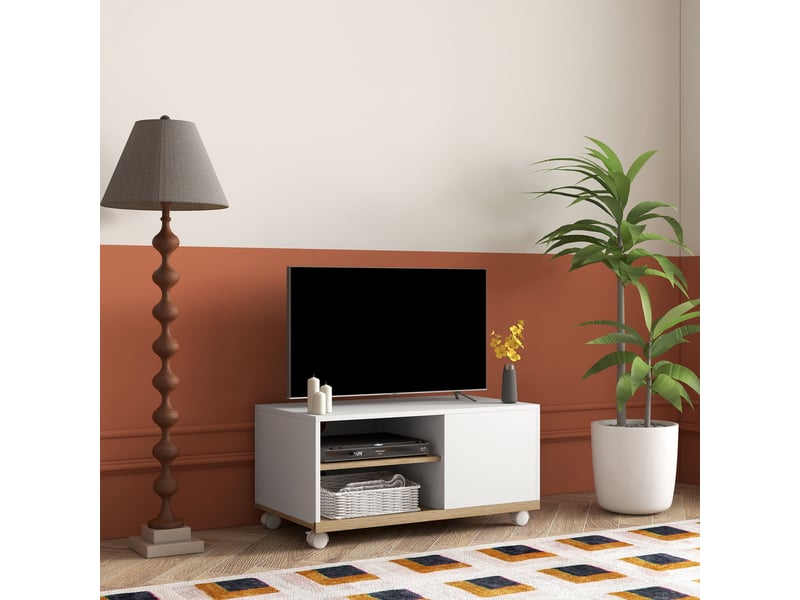  Meuble tv sur roulettes avec 2 freins - en bois blanc chêne clair - 2 niches + placard porte 2 passe-fil  - Conforama D