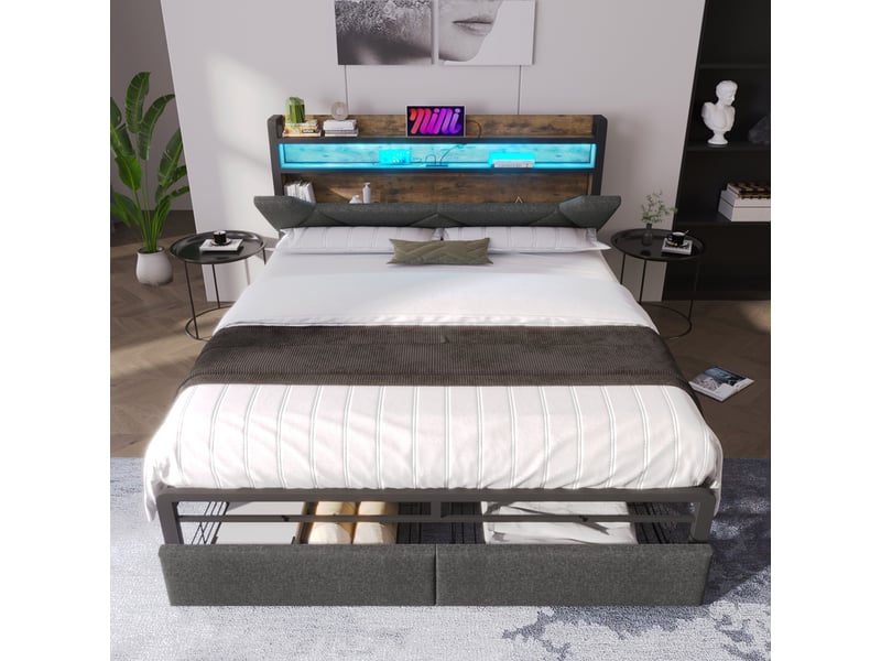  Lit double 140x200cm, tête de lit de rangement, éclairage led, 2 tiroirs, port usb, incluant un matelas, lin, gris  - Conforama W