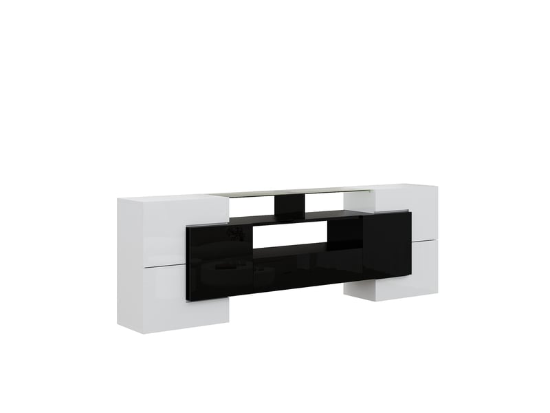 Meuble tv 200 cm blanc et noir brillant avec led, surface en verre, design moderne pour écran 50-59 pouces - Conforama R